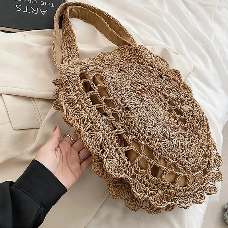 Hand-woven Round Straw Shoulder Bag Bohemian Summer Beach Bag Female Wicker Large Capacity Travel Shopper Tote Handbag For Women