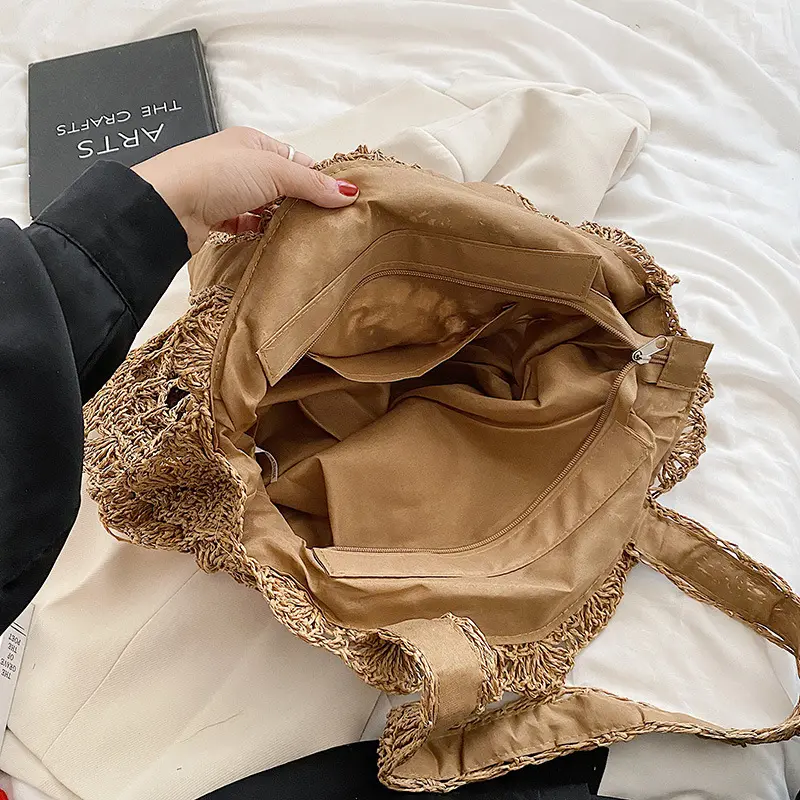 Hand-woven Round Straw Shoulder Bag Bohemian Summer Beach Bag Female Wicker Large Capacity Travel Shopper Tote Handbag For Women