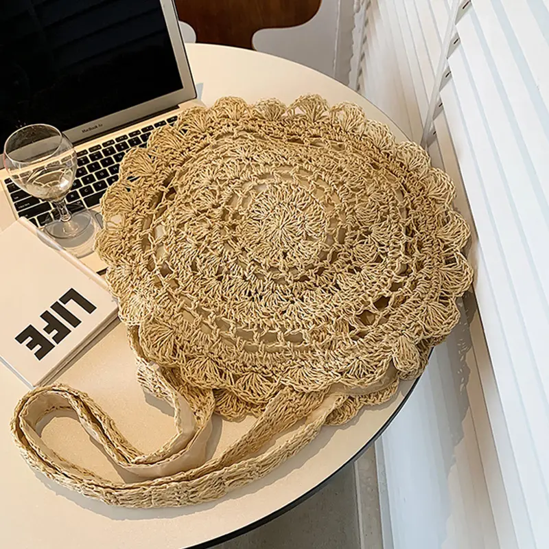 Hand-woven Round Straw Shoulder Bag Bohemian Summer Beach Bag Female Wicker Large Capacity Travel Shopper Tote Handbag For Women