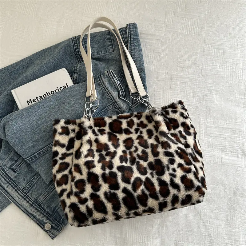 New Leopard Print Fur Bags Women Fashion Portable Faux Fur Handbags Winter Soft Warm Bag Girls Fluffy Large Capacity Tote Purse