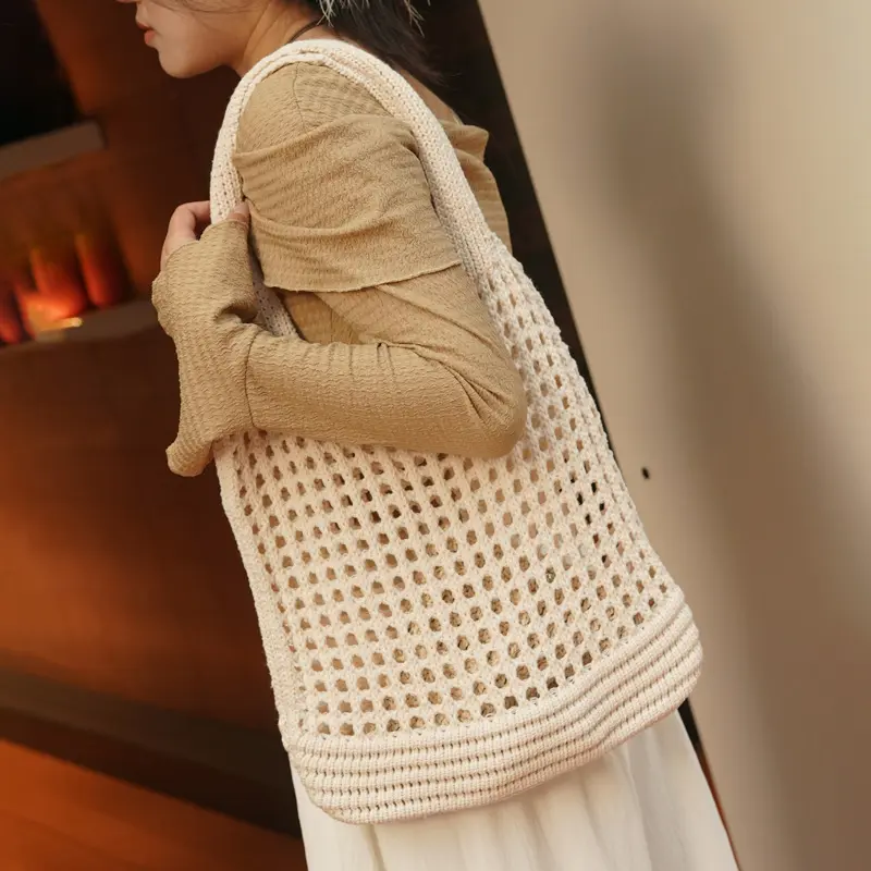 Women Crochet Tote Bag Large Capacity Knitted Shopping Bag Multifunctional Daily Shoulder Bag for Shopping Traveling