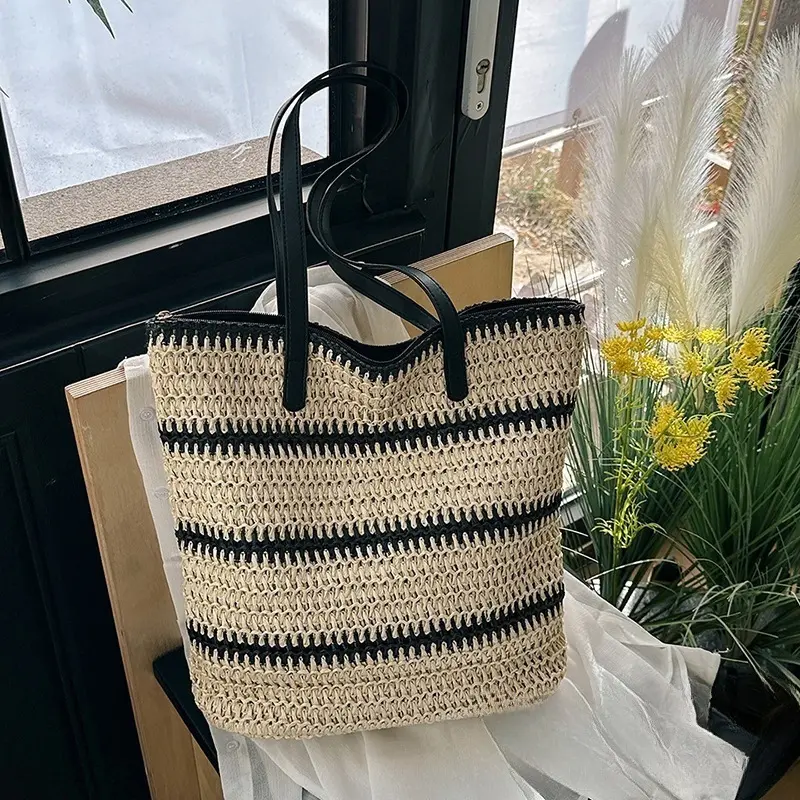 Straw Beach Bag Handmade Woven Shoulder Bag Bohemian Summer Vacation Casual Shoulder Armpit Bag Zipper Handbag