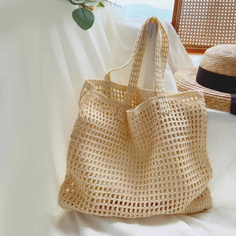 Women Large Capacity Handle Woven Tote Bag Summer Versatile Hollow Out Shoulder Bags Beach Holiday Handbag