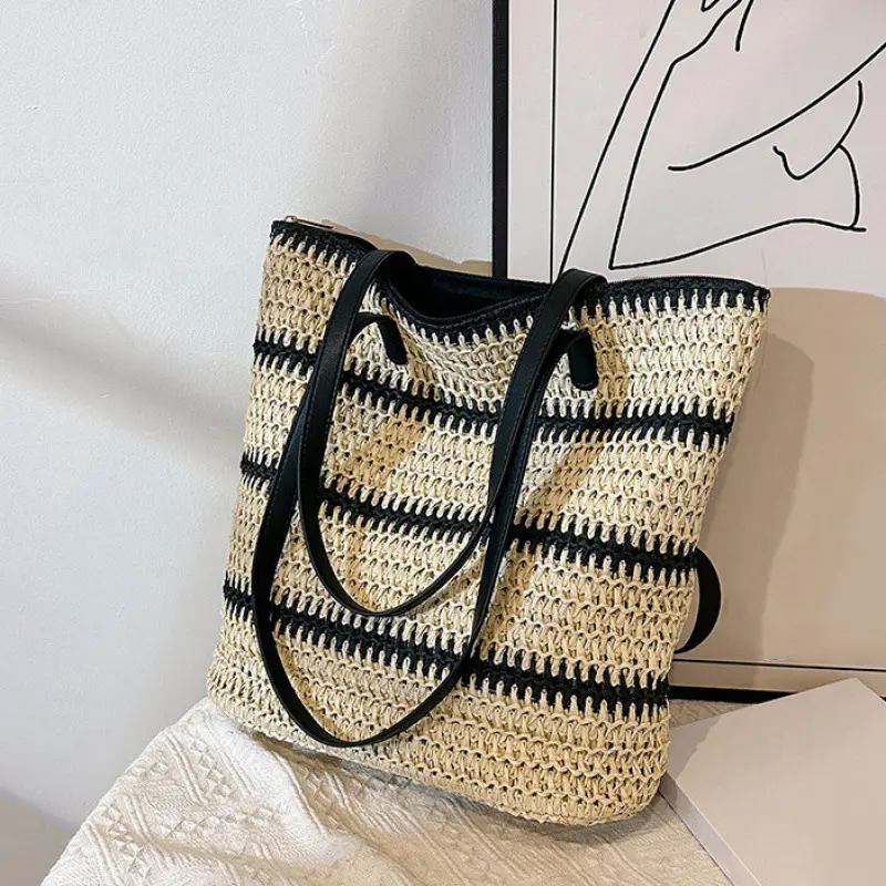 Straw Beach Bag Handmade Woven Shoulder Bag Bohemian Summer Vacation Casual Shoulder Armpit Bag Zipper Handbag