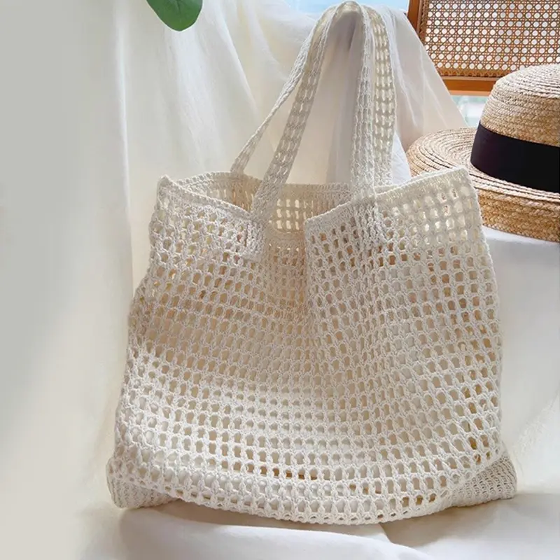Women Large Capacity Handle Woven Tote Bag Summer Versatile Hollow Out Shoulder Bags Beach Holiday Handbag