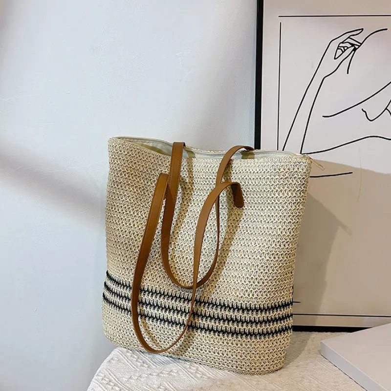 Straw Beach Bag Handmade Woven Shoulder Bag Bohemian Summer Vacation Casual Shoulder Armpit Bag Zipper Handbag