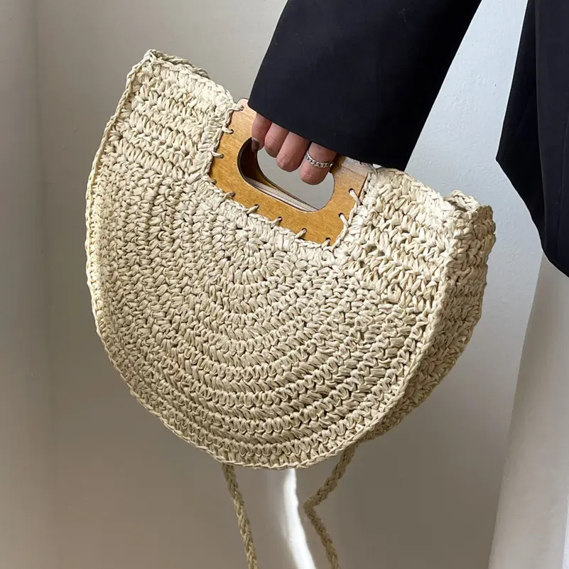 Fashion Wood Handle Women Handbag Saddle Crossbody Shoulder Bag Large Capacity Rattan Straw Bags Lady Woven Summer Beach Bag