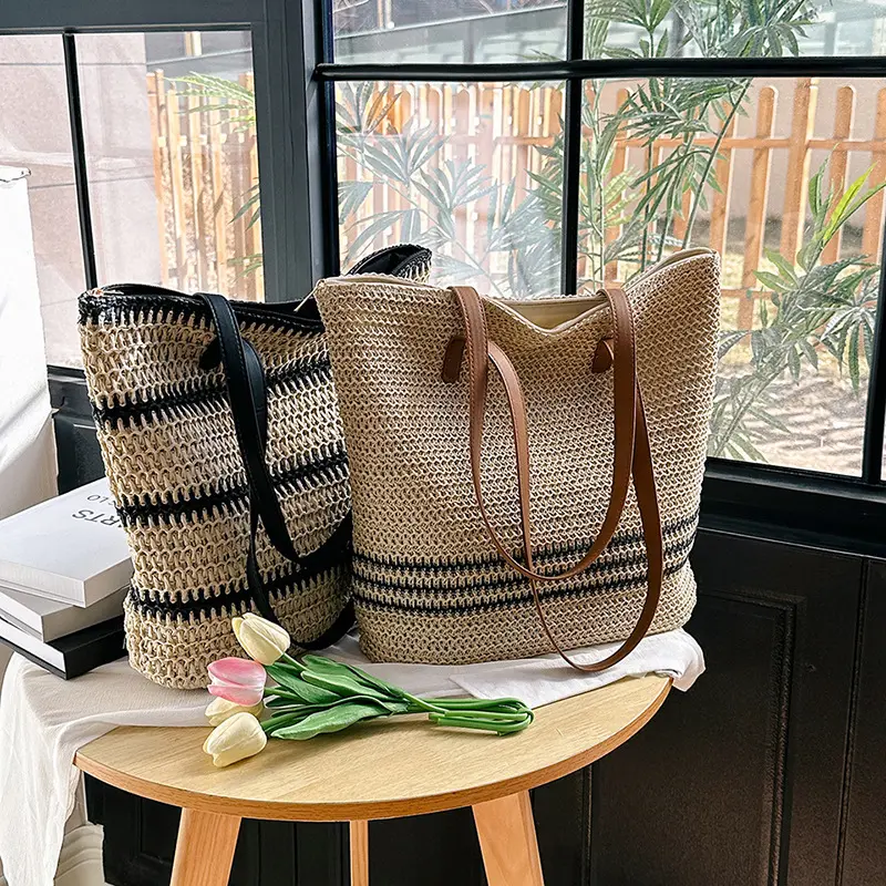 Straw Beach Bag Handmade Woven Shoulder Bag Bohemian Summer Vacation Casual Shoulder Armpit Bag Zipper Handbag
