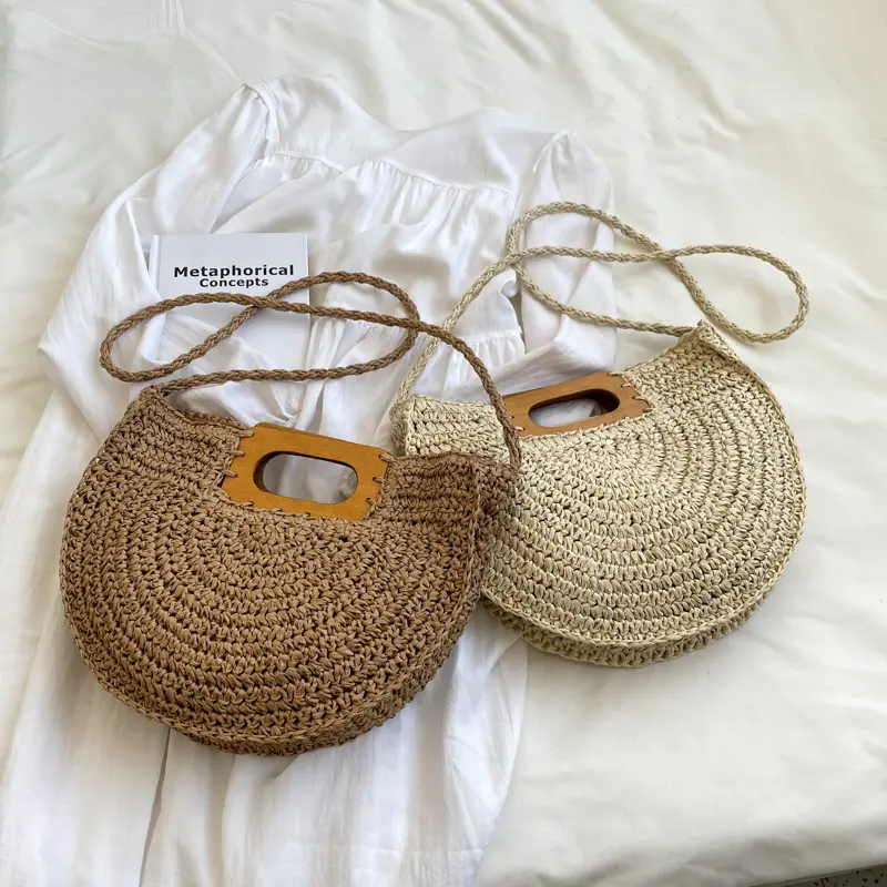 Fashion Wood Handle Women Handbag Saddle Crossbody Shoulder Bag Large Capacity Rattan Straw Bags Lady Woven Summer Beach Bag