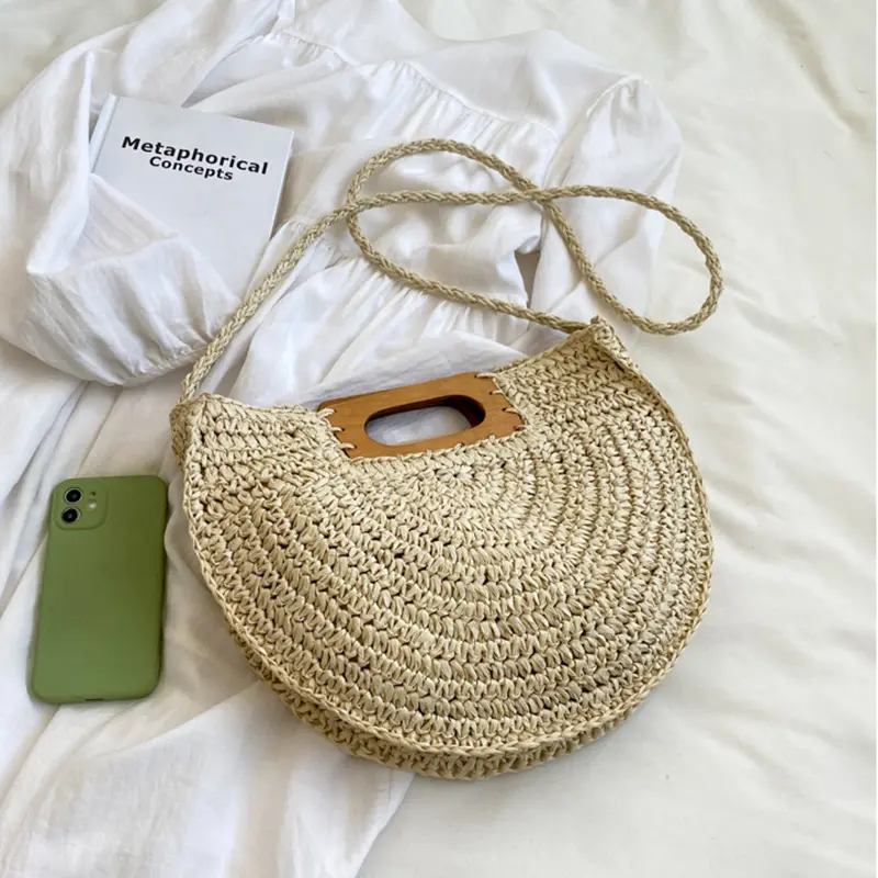 Fashion Wood Handle Women Handbag Saddle Crossbody Shoulder Bag Large Capacity Rattan Straw Bags Lady Woven Summer Beach Bag