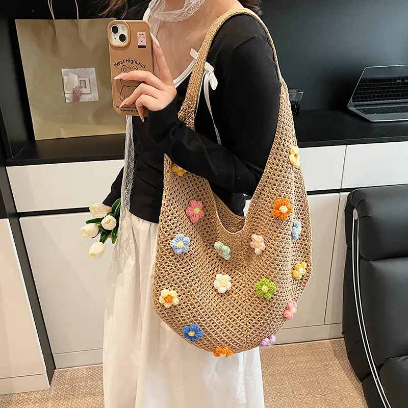 Colorful Flower Design Women's Woven Shoulder Bags Casual Large Capacity Ladies Beach Tote Hollow Knitting Girls Travel Handbags