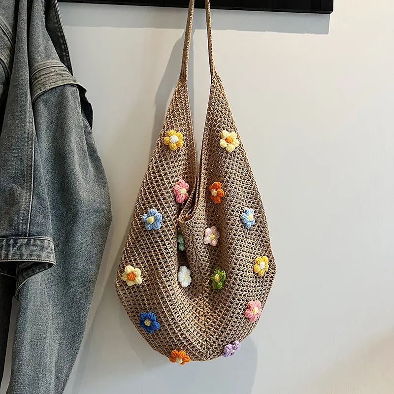 Colorful Flower Design Women's Woven Shoulder Bags Casual Large Capacity Ladies Beach Tote Hollow Knitting Girls Travel Handbags