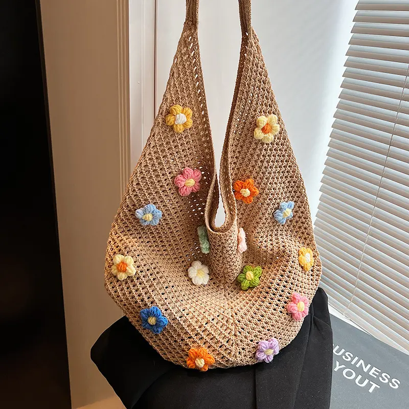 Colorful Flower Design Women's Woven Shoulder Bags Casual Large Capacity Ladies Beach Tote Hollow Knitting Girls Travel Handbags