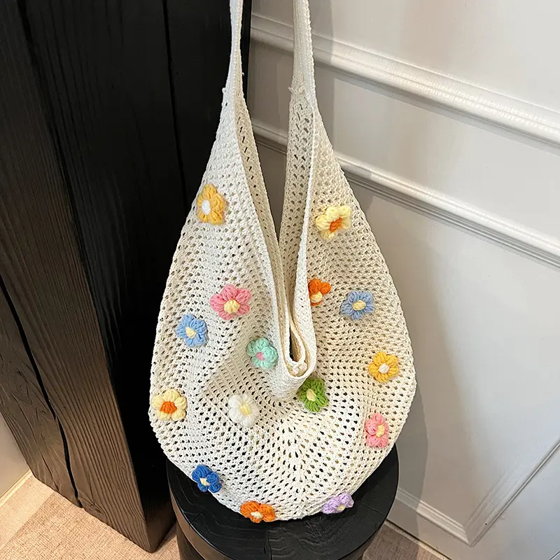 Colorful Flower Design Women's Woven Shoulder Bags Casual Large Capacity Ladies Beach Tote Hollow Knitting Girls Travel Handbags