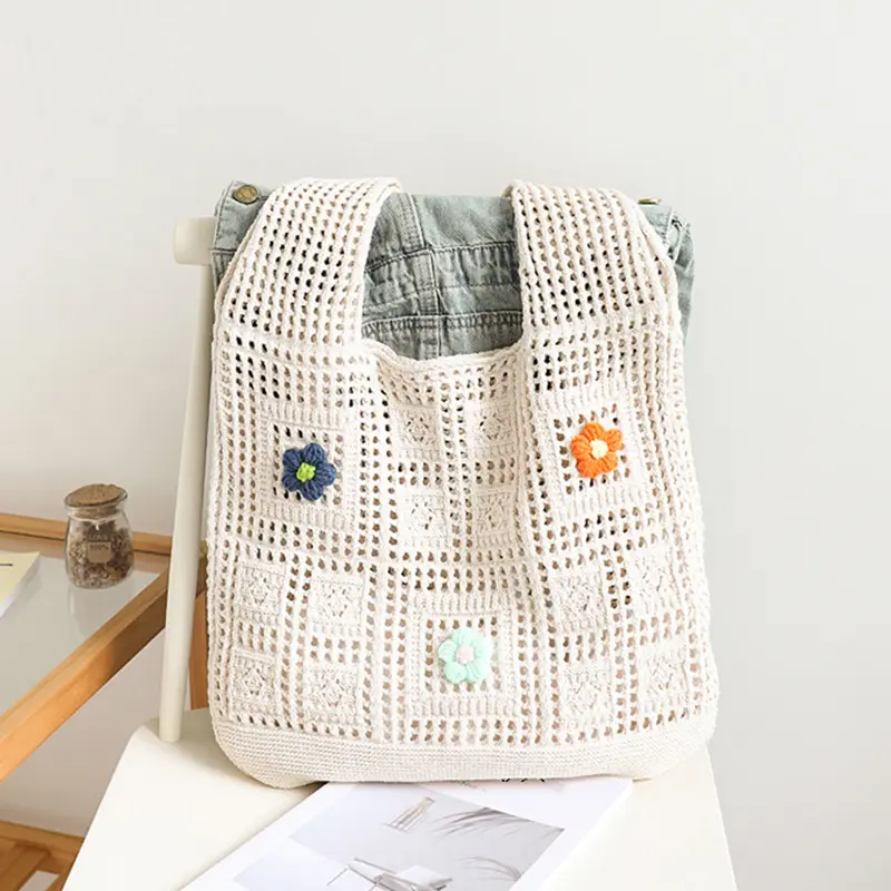 Hollow Out Flower Thread Woven Bag Beach Handbag Bohemian Beach Bag Large Capacity  Shoulder Bag Girls Shopper Totes
