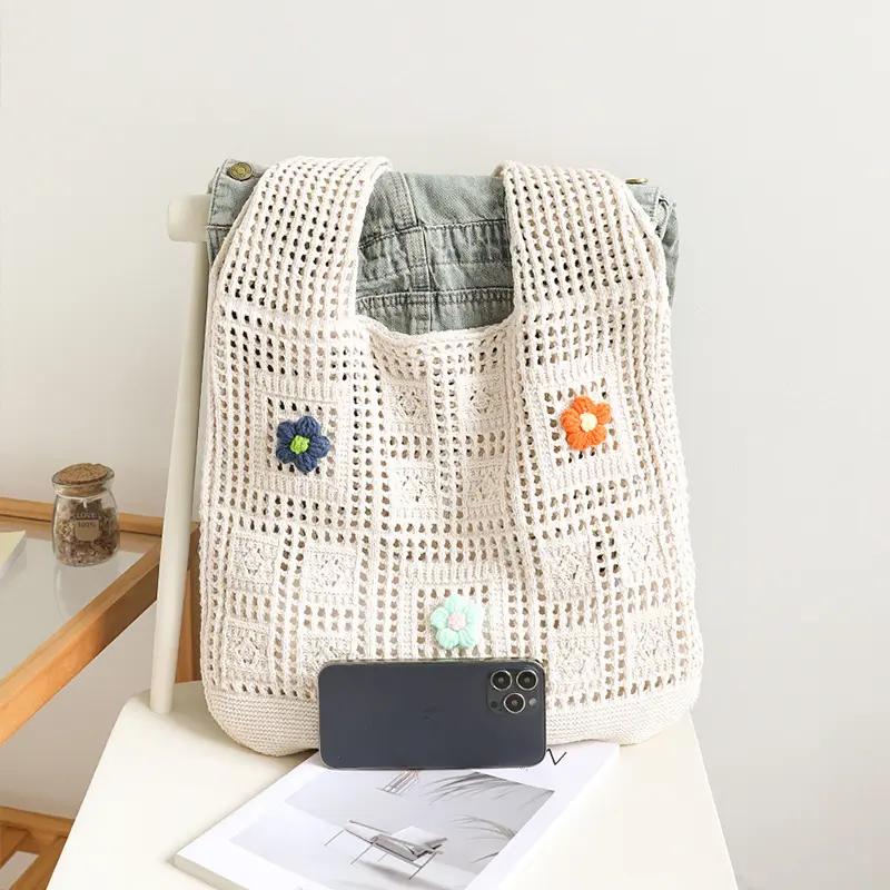 Hollow Out Flower Thread Woven Bag Beach Handbag Bohemian Beach Bag Large Capacity  Shoulder Bag Girls Shopper Totes