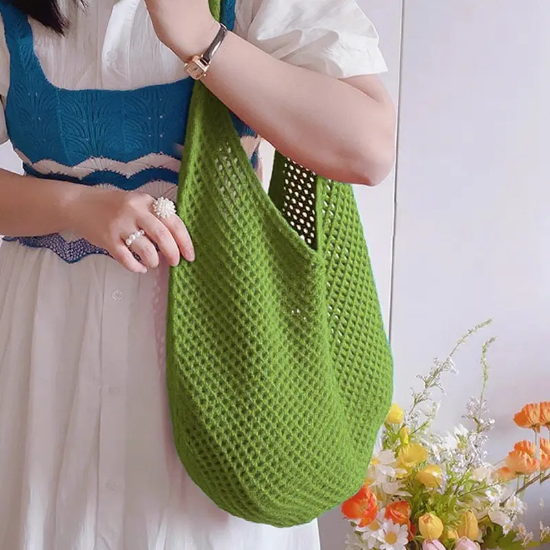 Women Crochet Tote Bag Fashion Large Capacity Woven Shoulder Bags Solid Color Simple Shopping Bag For Women Beach