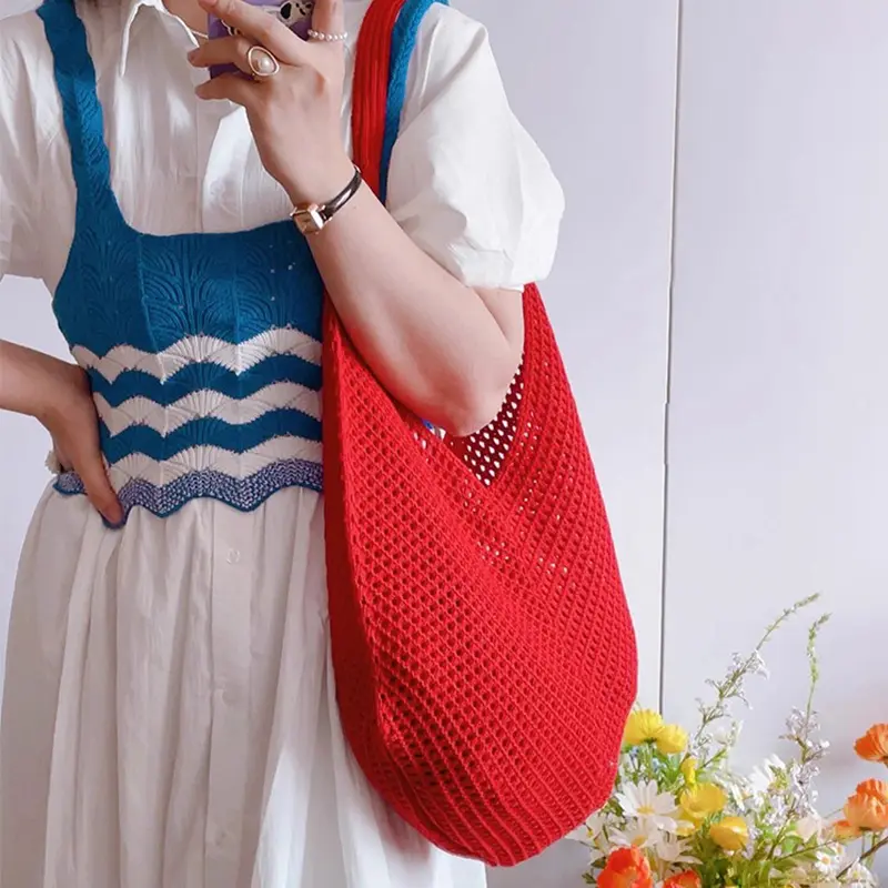 Women Crochet Tote Bag Fashion Large Capacity Woven Shoulder Bags Solid Color Simple Shopping Bag For Women Beach