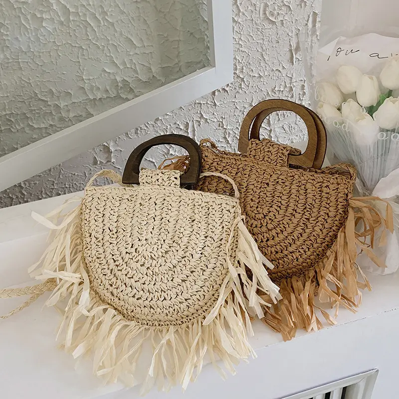 Women Summer Beach Handmade Straw Woven Shoulder Bage Fashion Design Rattan Crossbody Bags Bohemian Casual Shopper Tote Purse