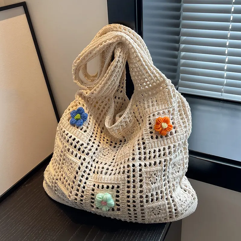 Knitted Handbags Female Large Capacity Shopping Totes Women's Shoulder Bag Summer Casual Hollow Beach Bag Purses