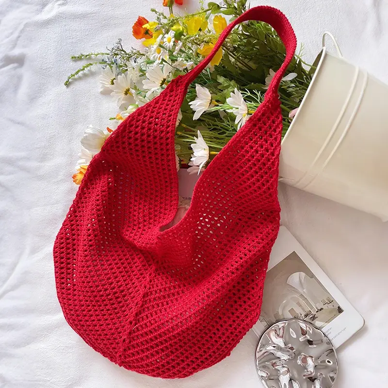 Women Crochet Tote Bag Fashion Large Capacity Woven Shoulder Bags Solid Color Simple Shopping Bag For Women Beach