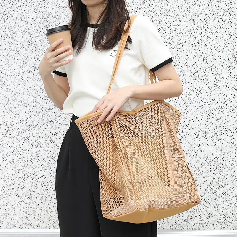 Beach Bag For Women Casual Large-capacity Mesh Shopper Tote For Pool Swimming Travel Vacation Ladies Portable Net Shoulder Bag