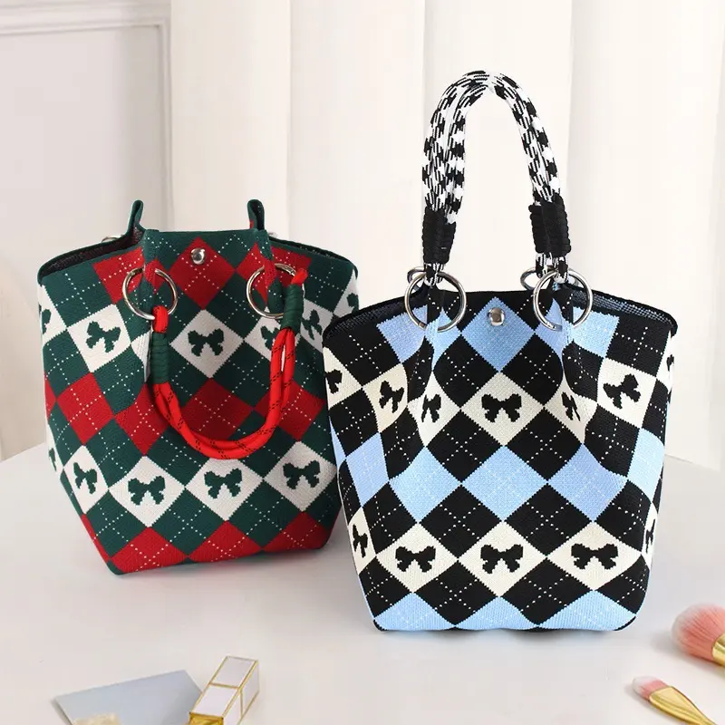 Bow Knitted Bucket Bag Women's Fashion Small Handbag Versatile Knitted Wrist Bag Shopping  Cute Shoulder Bags