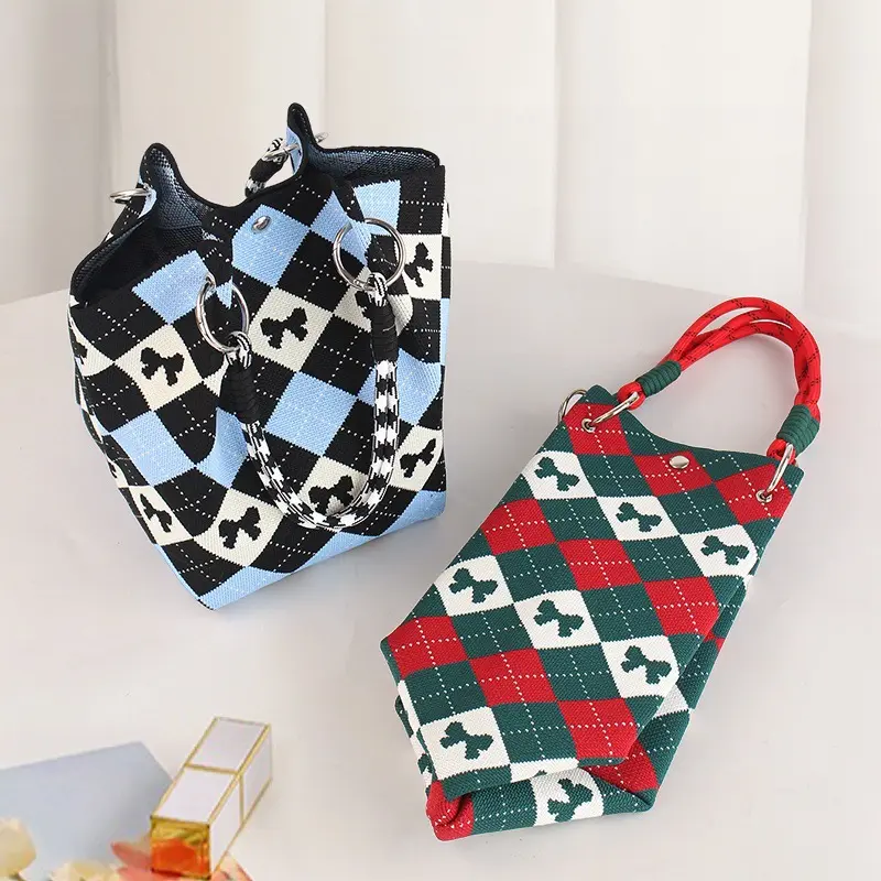 Bow Knitted Bucket Bag Women's Fashion Small Handbag Versatile Knitted Wrist Bag Shopping  Cute Shoulder Bags