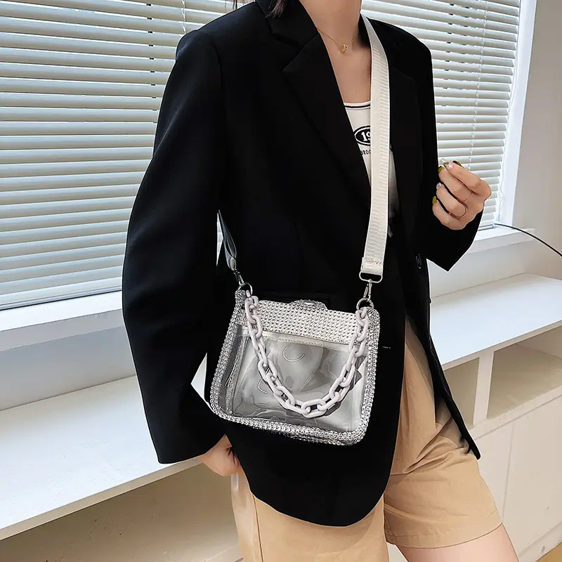 Summer Clear Crossbody Bag Trendy PVC Square Phone Purse Women's Beach Shoulder Bag Luxury Rhineston Fashion Beach Crossbody Bag