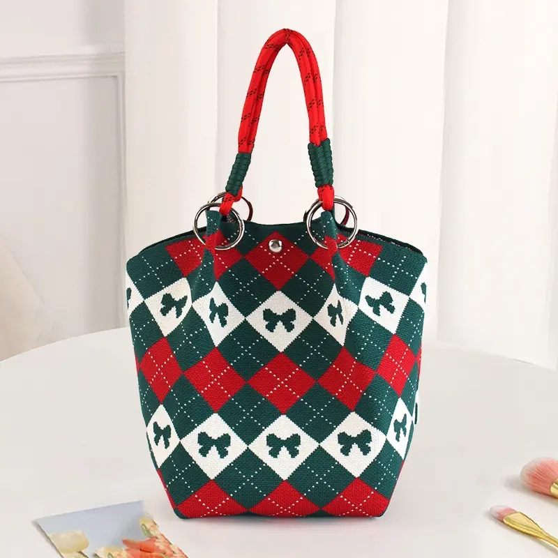Bow Knitted Bucket Bag Women's Fashion Small Handbag Versatile Knitted Wrist Bag Shopping  Cute Shoulder Bags