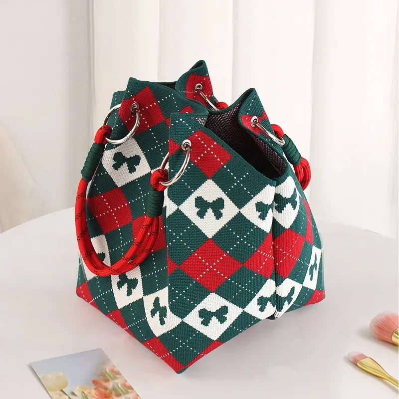 Bow Knitted Bucket Bag Women's Fashion Small Handbag Versatile Knitted Wrist Bag Shopping  Cute Shoulder Bags