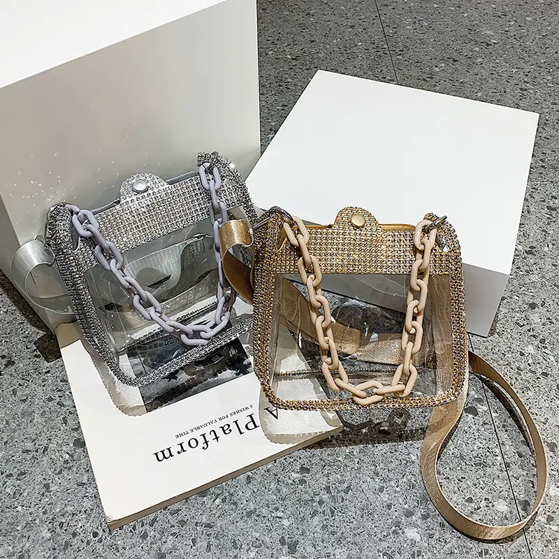 Summer Clear Crossbody Bag Trendy PVC Square Phone Purse Women's Beach Shoulder Bag Luxury Rhineston Fashion Beach Crossbody Bag