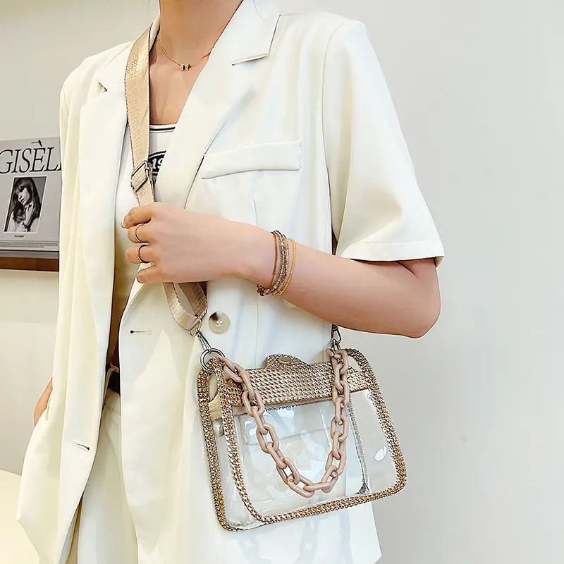 Summer Clear Crossbody Bag Trendy PVC Square Phone Purse Women's Beach Shoulder Bag Luxury Rhineston Fashion Beach Crossbody Bag