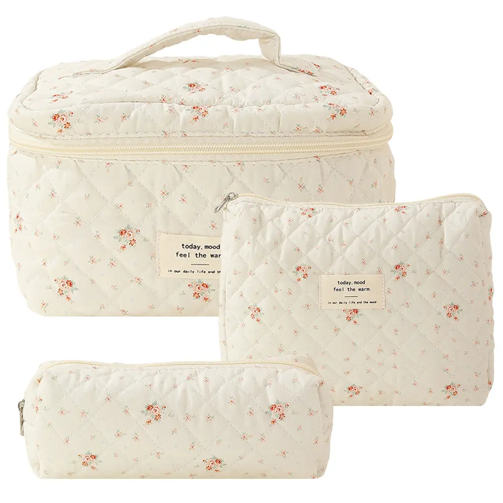 3pcs/set Women's Aesthetic Makeup Bag Quilted Cotton Toiletry Organizer Ladies Printed Cosmetic Pouch Large Capacity Storage Bag
