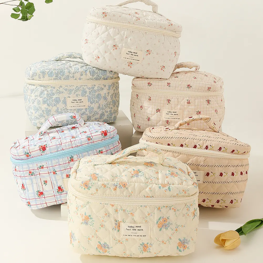3pcs/set Women's Aesthetic Makeup Bag Quilted Cotton Toiletry Organizer Ladies Printed Cosmetic Pouch Large Capacity Storage Bag