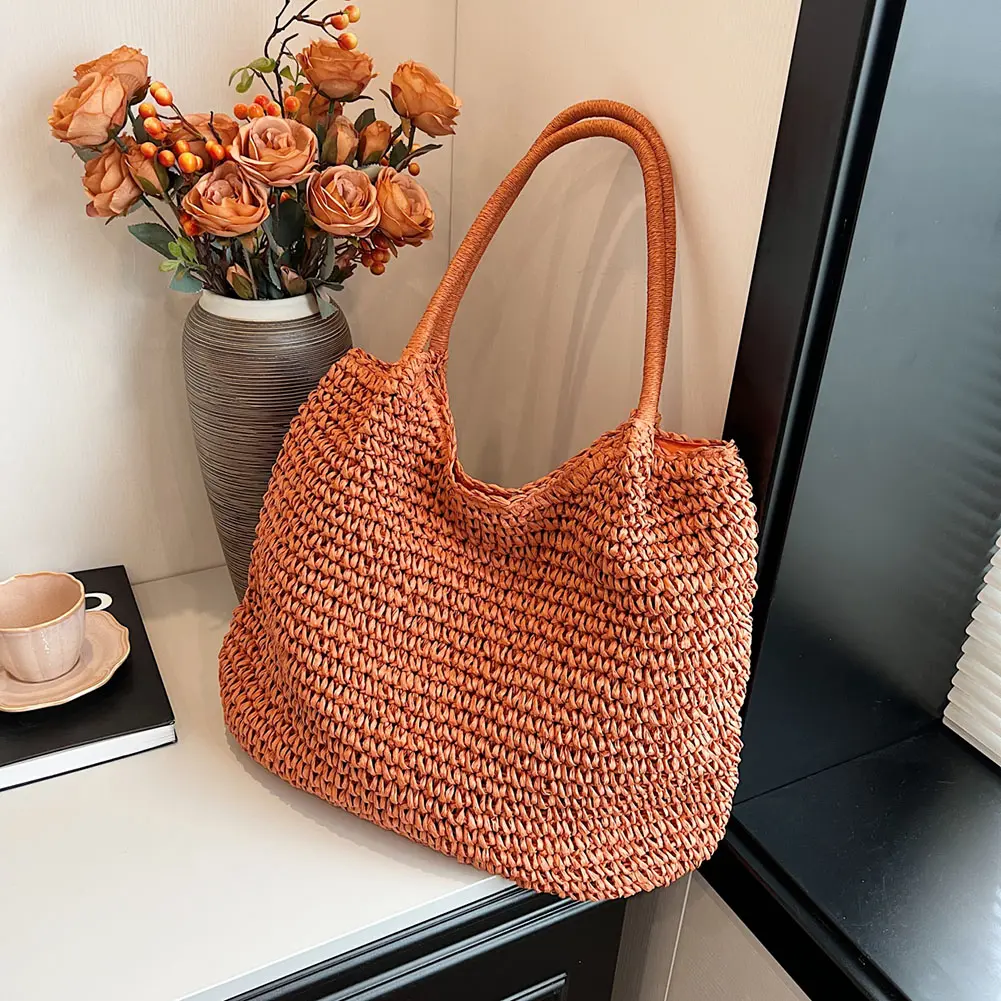 Women Straw Tote Handbag Large Capacity Crochet Beach Handbag Hasp Closure Simple Weaving Handbag Ladies Summer Daily Bag