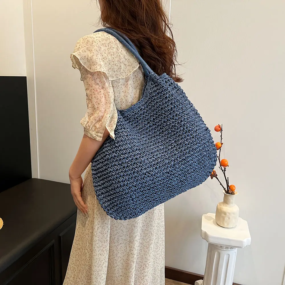 Women Straw Tote Handbag Large Capacity Crochet Beach Handbag Hasp Closure Simple Weaving Handbag Ladies Summer Daily Bag