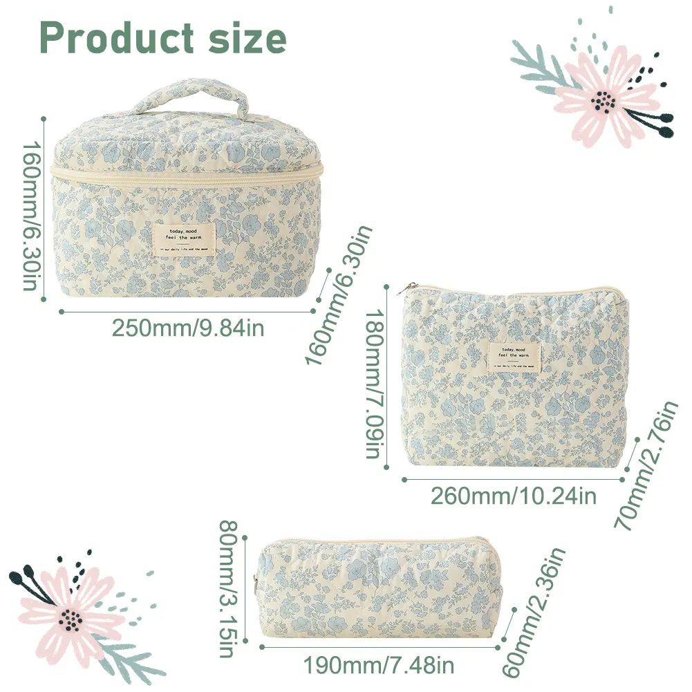 3pcs/set Women's Aesthetic Makeup Bag Quilted Cotton Toiletry Organizer Ladies Printed Cosmetic Pouch Large Capacity Storage Bag