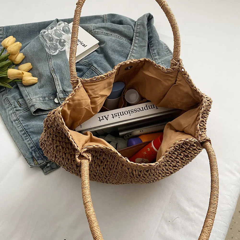 Women Straw Tote Handbag Large Capacity Crochet Beach Handbag Hasp Closure Simple Weaving Handbag Ladies Summer Daily Bag