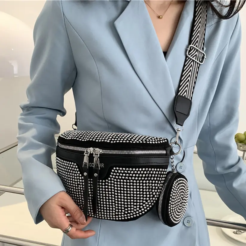 Shiny Crystal Ladies Waist Bag with Zero Purse PU Leather Elegant Chest Bag Women Rhinestones Shoulder Bag Fashion Crossbody Bag