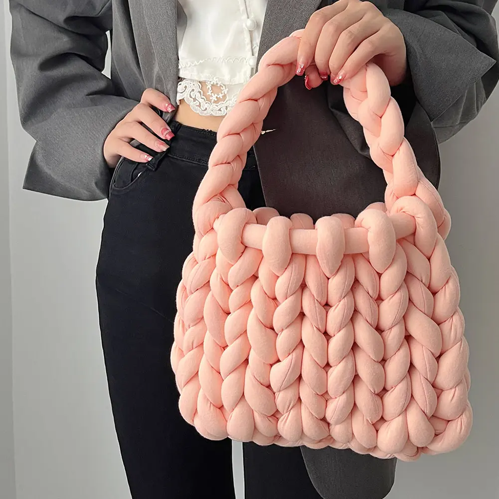 Beach Crochet Handbag Summer Straw Rope Knitting Top-Handle Bag for Women's Icelandic Wool Handmade Clutch Bag Lightweight Totes