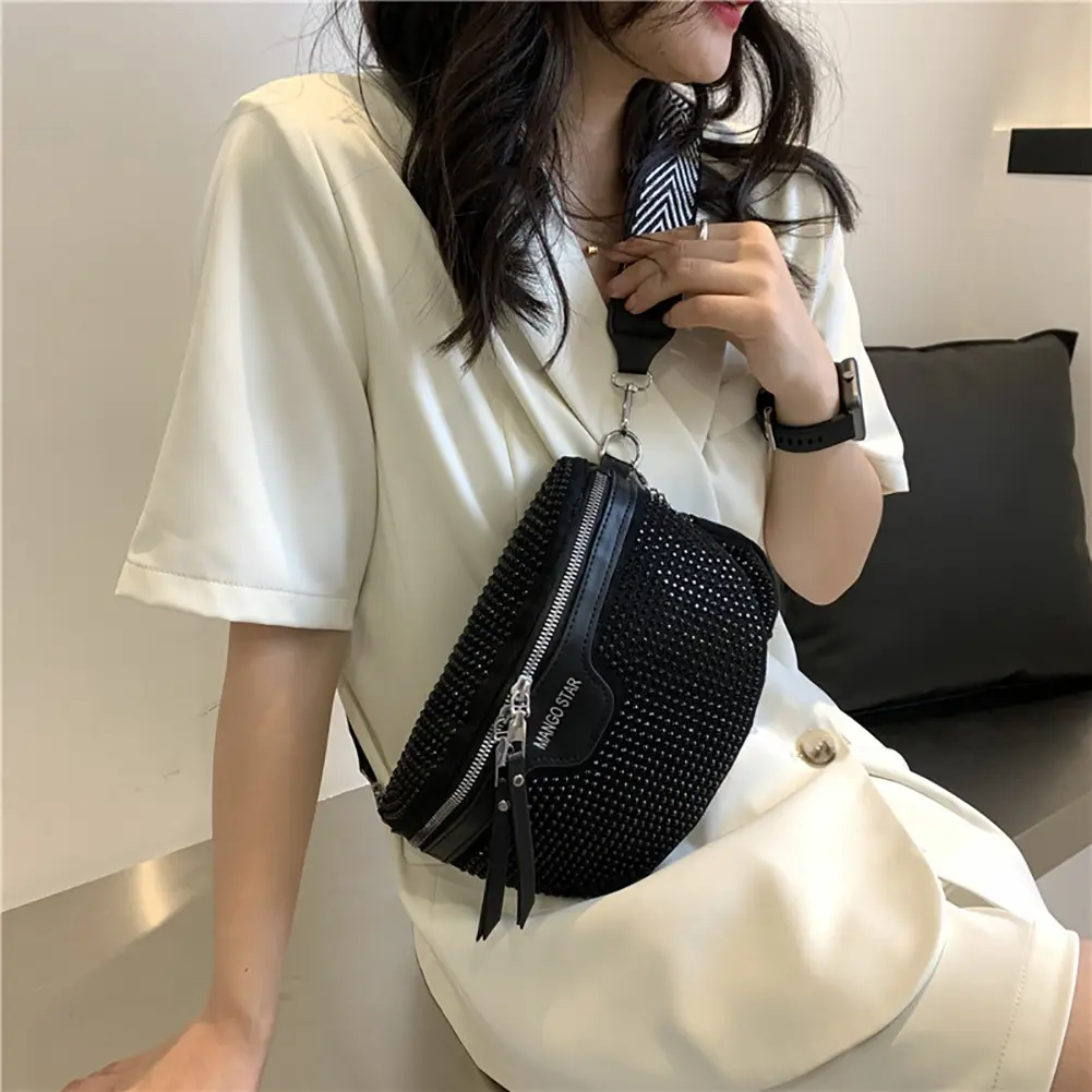 Shiny Crystal Ladies Waist Bag with Zero Purse PU Leather Elegant Chest Bag Women Rhinestones Shoulder Bag Fashion Crossbody Bag