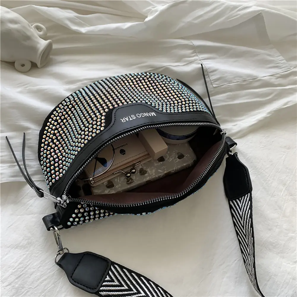 Shiny Crystal Ladies Waist Bag with Zero Purse PU Leather Elegant Chest Bag Women Rhinestones Shoulder Bag Fashion Crossbody Bag