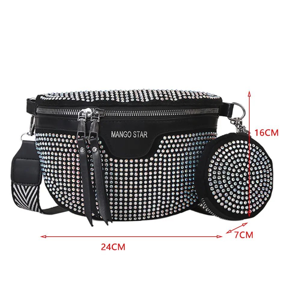 Shiny Crystal Ladies Waist Bag with Zero Purse PU Leather Elegant Chest Bag Women Rhinestones Shoulder Bag Fashion Crossbody Bag