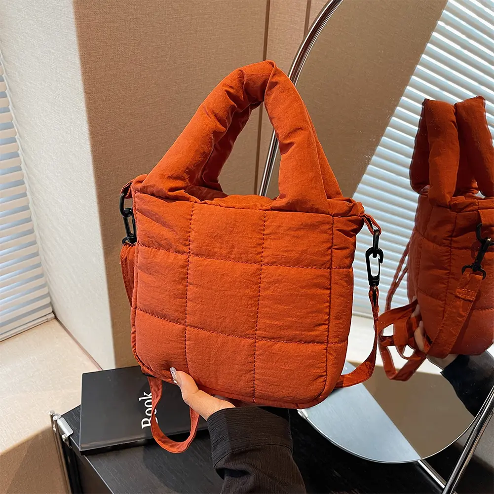 Puffer Lightweight Crossbody Bag Women Puffy Cotton Shoulder Bag with Inner Pockets Solid Nylon Top Handle Handbag Down Tote Bag