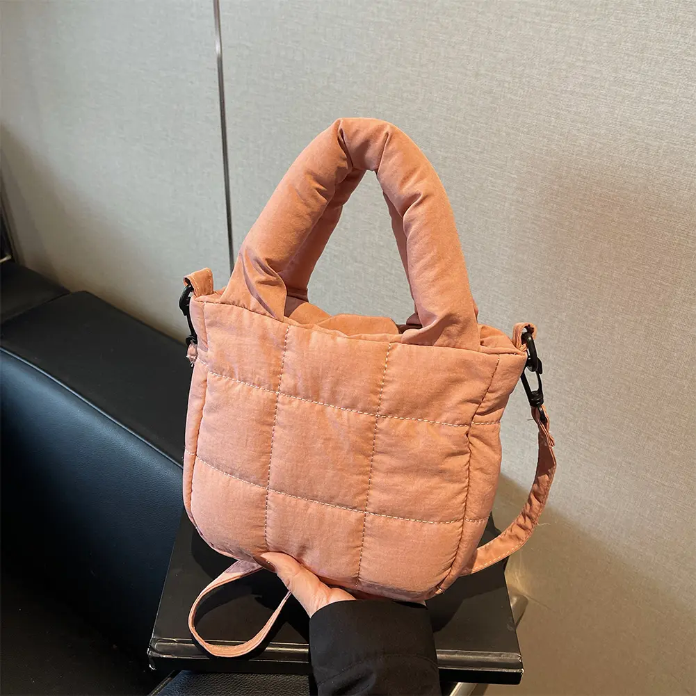 Puffer Lightweight Crossbody Bag Women Puffy Cotton Shoulder Bag with Inner Pockets Solid Nylon Top Handle Handbag Down Tote Bag