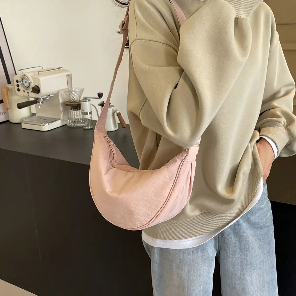 Cloud Dumpling Bag Nylon Padded Women's Half Moon Crossbody Bags Adjustable Strap Casual Shoulder Bags Solid Simple Crescent Bag