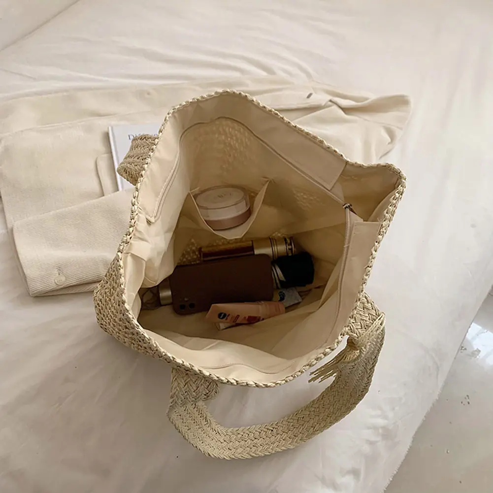Summer Straw Woven Bag for Women's Handmade Raffia Beach Shoulder Bag Large Boho Weaving Handbag with Tassel Pendant Ladies Tote