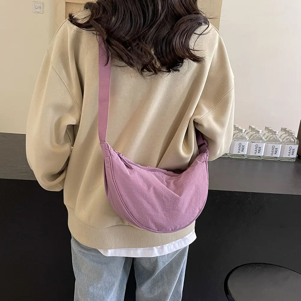 Cloud Dumpling Bag Nylon Padded Women's Half Moon Crossbody Bags Adjustable Strap Casual Shoulder Bags Solid Simple Crescent Bag