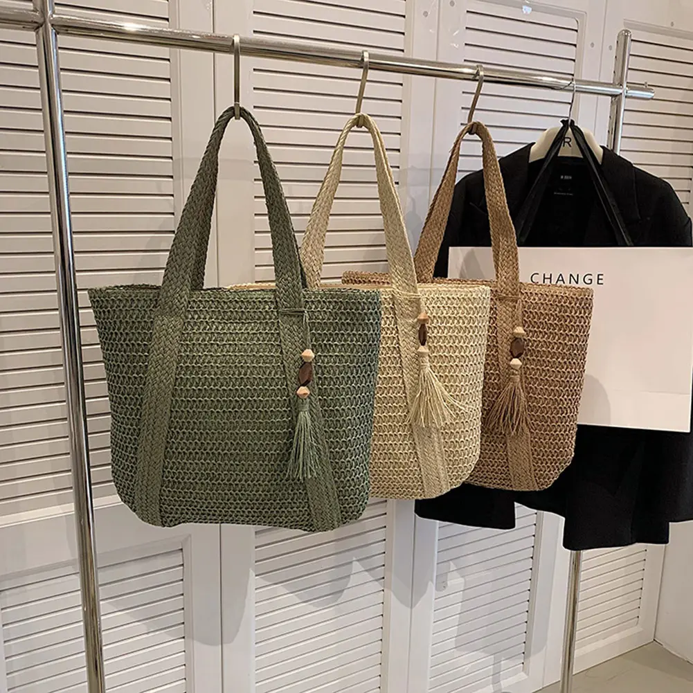 Summer Straw Woven Bag for Women's Handmade Raffia Beach Shoulder Bag Large Boho Weaving Handbag with Tassel Pendant Ladies Tote